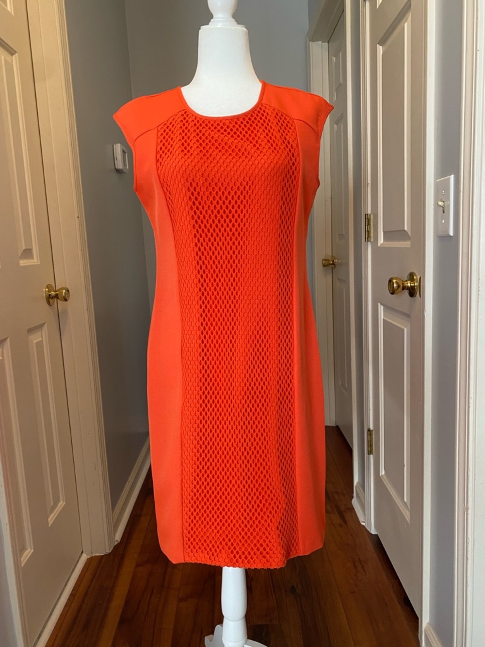 Cap-Sleeve Mesh-Panel Midi Dress in Bright Orange